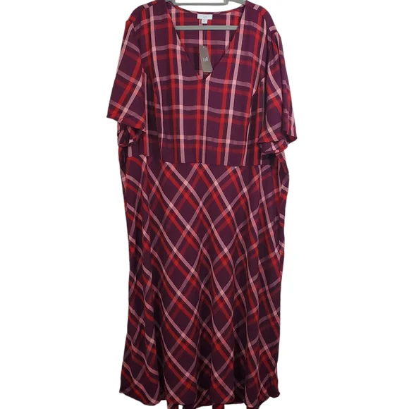NWT J. Jill Dress Plaid Red Purple Short Sleeve Boho Midi Cabincore Preppy 3X - Picture 2 of 10